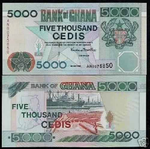 Ghana 5000 CEDIS P-34 1998 Ghanian Map Port Ship World Currency BANK NOTE