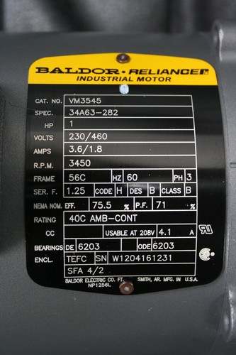 One (1) Baldor VM3545 Electric Motor 34A63-282 3PH 1HP 230/460V 3450rpm 60hz NEW - Picture 2 of 11