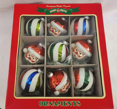 NEW 9 Radko Shiny Brite Ornaments - Santa Face & Swirl Stripes w/Glitter