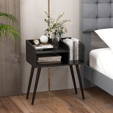 2-Tier Nightstand with Metal Legs Mid Century Modern End Table Black