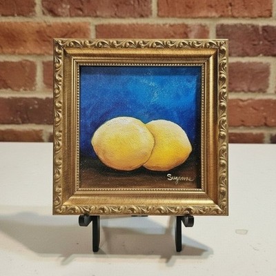 Two Lemons Original Painting Vtg  1999 Artist/ Dated Signed Framed  8'' x 8'' OOAK