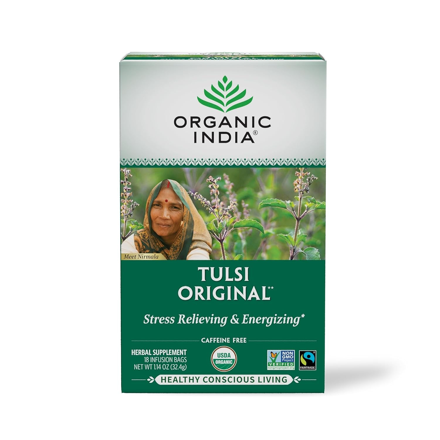 Organic India Tulsi Original Herbal Tea Organic Caffeine Free 18 Bags, 1 Pack