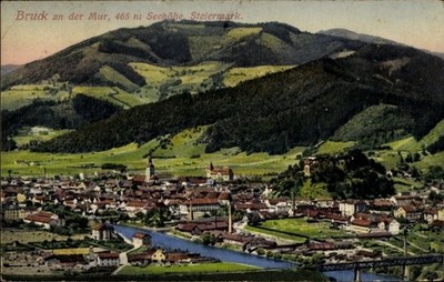 Postcard Bruck an der Mur Styria, small town panorama with river and... - 5028437