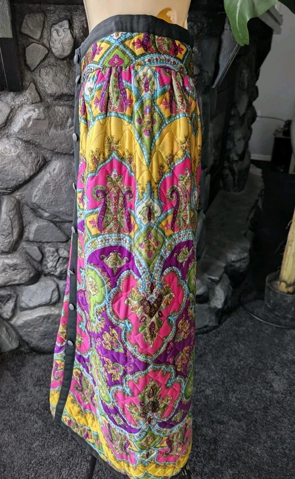 Vtg Reversible Quilted Maxi Long Skirt Button Front Bright Colors Psychedelic - Image 4 of 4