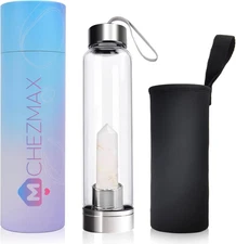 Crystal Glass Water Bottle – Quartz Gemstones with Replaceable Healing Crystal