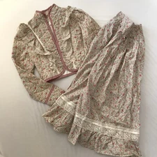 70's Vintage Gunne Sax Gunnies Set Jacket Pink Prairie Midi Skirt 7 XS Floral