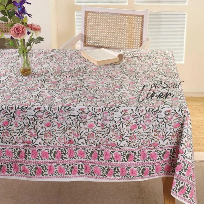 Boho Cotton Tablecloth Pink Floral Block Print Vintage Indian Dining Table Cover - Image 4 of 4