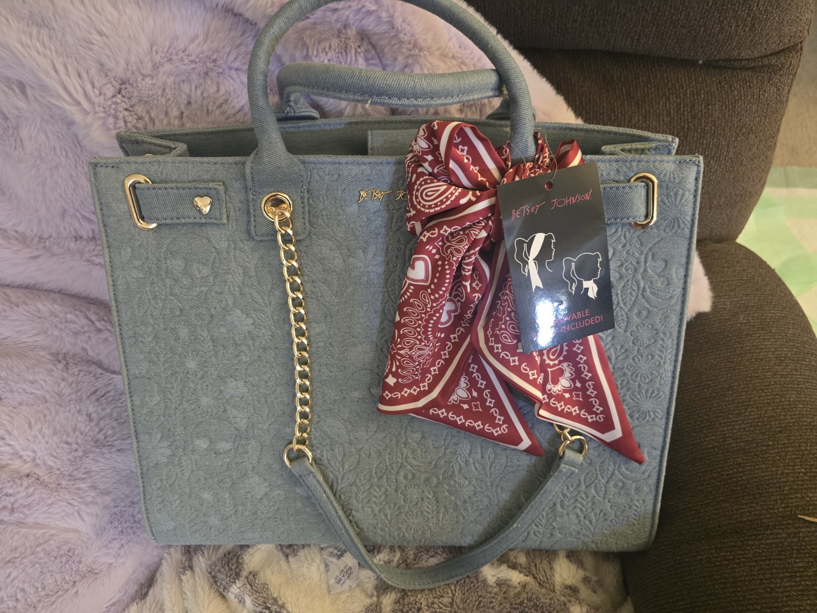 Betsy Johnson Skulls Quilted Denim Blue  Large Tote Shoulder Bag Xokiara Scarf