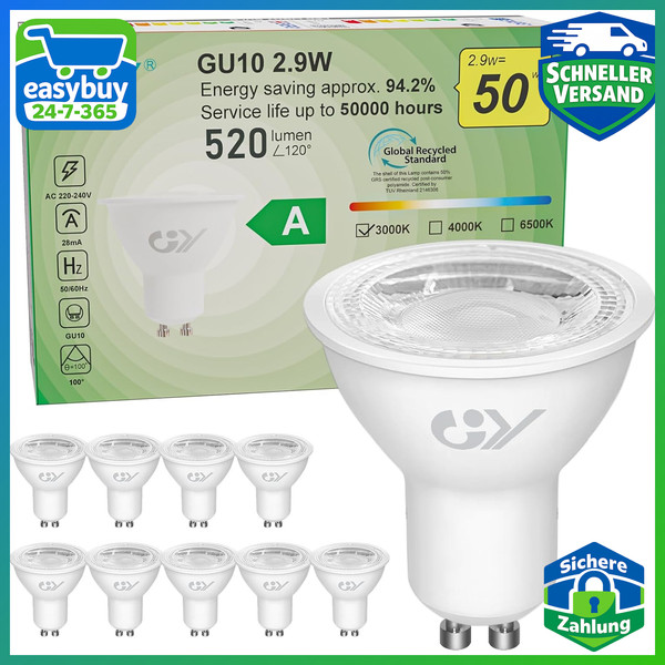 GU10 LED Lampe 2,9W 520 Lumen 3000K Warmweiß 110° Nicht Dimmbar 10 StüCk-image