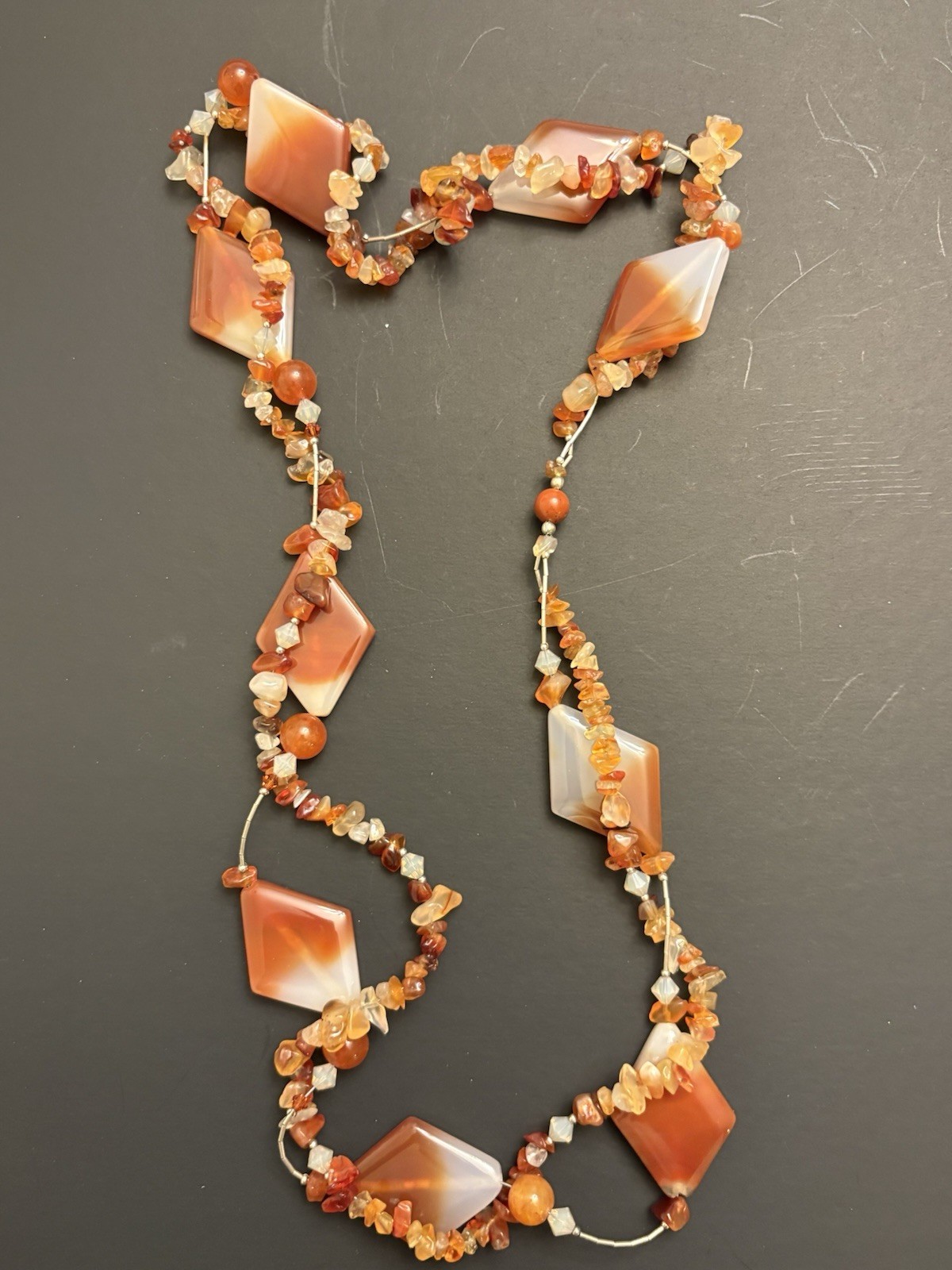 Agate Diamond Shape Statement Necklace Orange Whi… - image 1