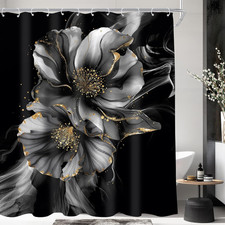 Abstract Black White Gold Golden Floral Ombre Bathroom Shower Curtain Set