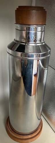 Mid Century Modern Chrome 13" Cocktail Shaker - Wood Top and Wood Base