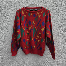 90s Gitano Women's Red Geometric Crewneck Long Sleeve Acrylic Pullover Sweater S