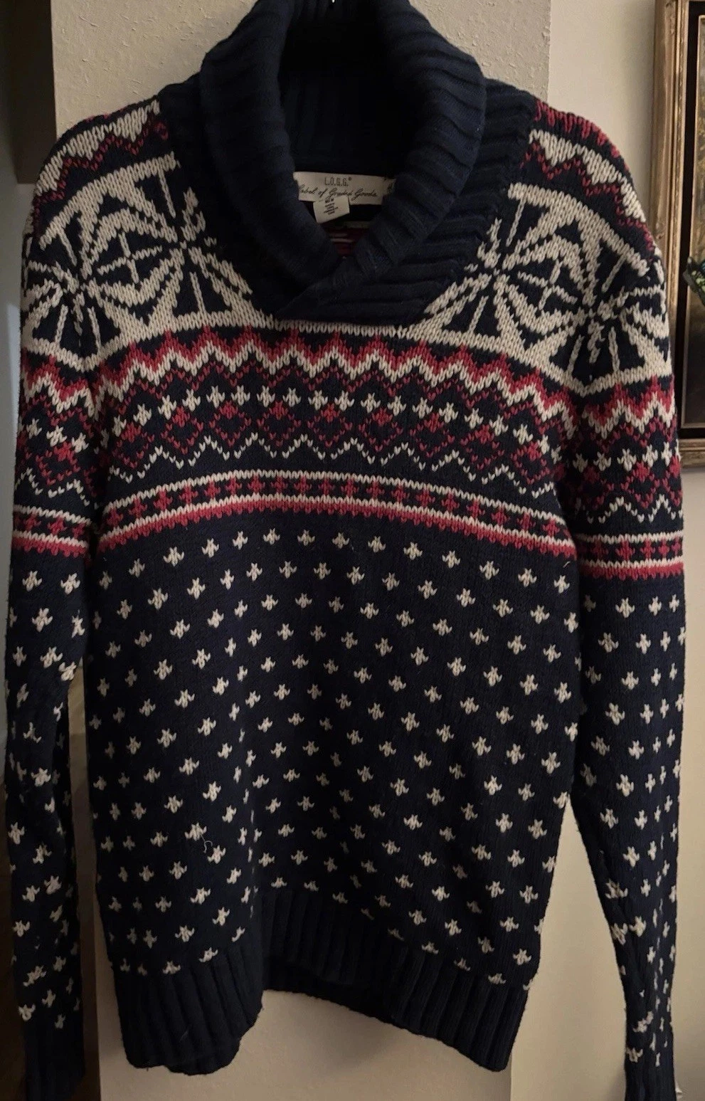 Beautiful H&M L.O.G.G unisex Snowflake Knit Sweater Shawl Collar Wool Blend Sz M