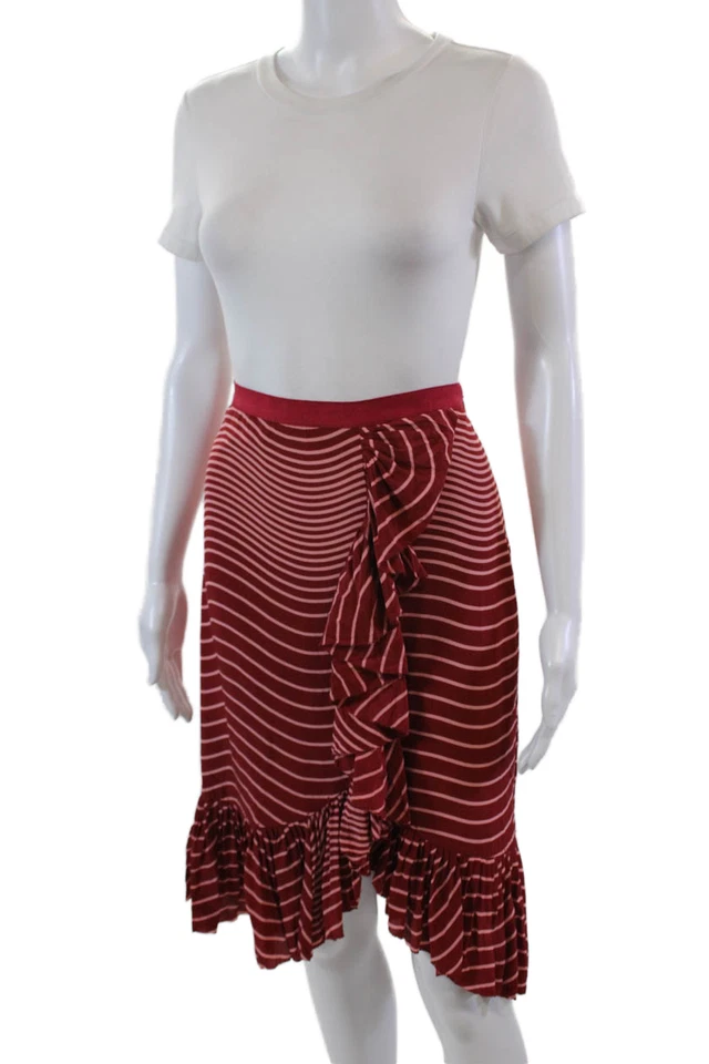 Tory Burch Womens Side Zip Ruffled Striped Silk Skirt Red Pink Size 4 - Image 2 of 4