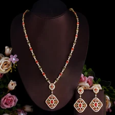 Gold Plated Long Necklace Earrings Set Women Party Cubic Zirconia Bridal Jewelry
