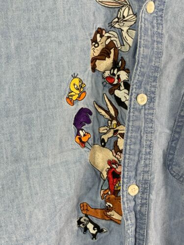 Vintage 90s Looney Tunes Warner Bros Denim Shirt XL Bugs Bunny Taz Tweety Unisex - Picture 3 of 11
