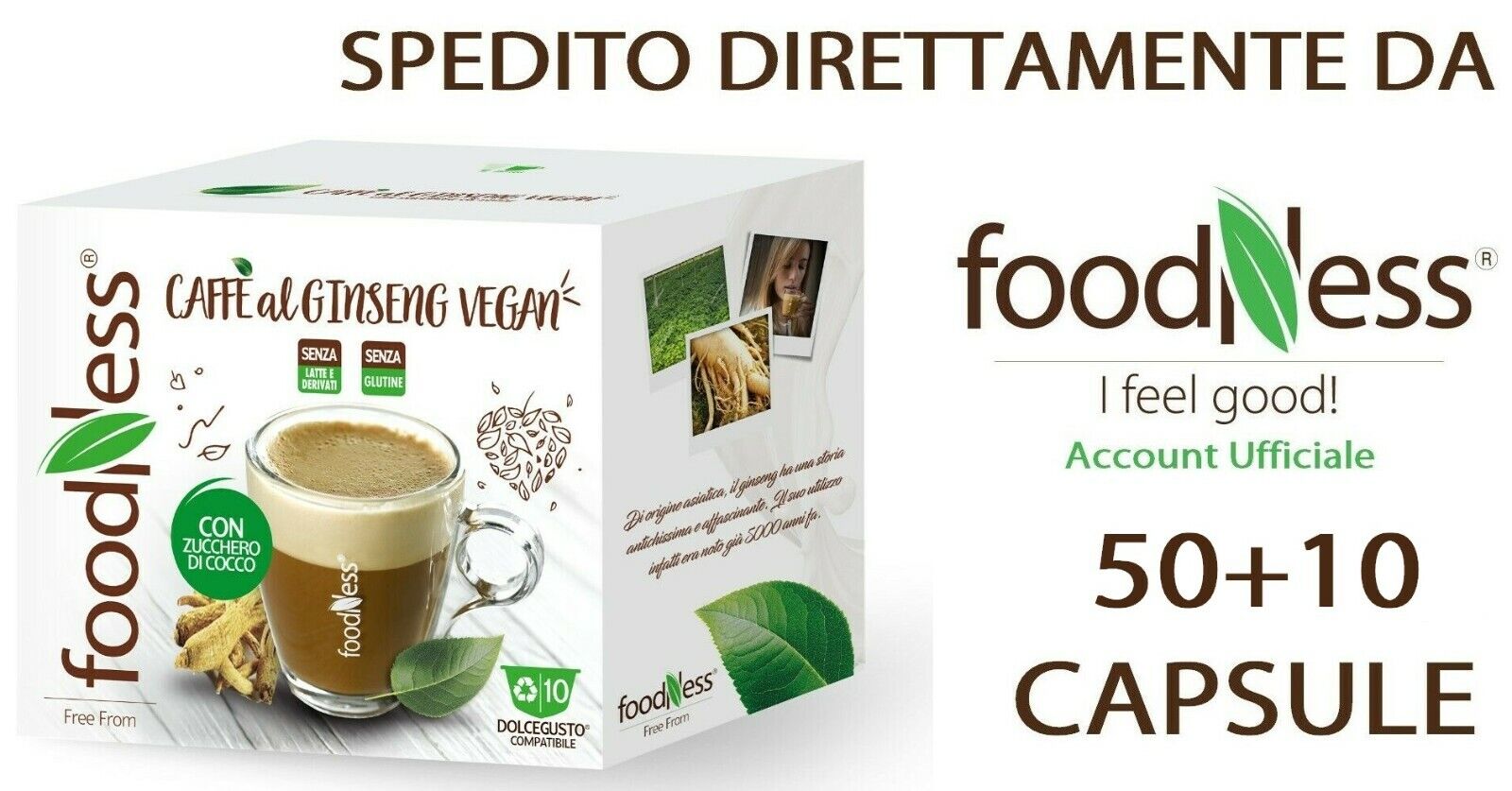 FOODNESS Caffè GINSENG VEGAN Zucchero di Cocco Compatibile DOLCE GUSTO  50+10 OMA