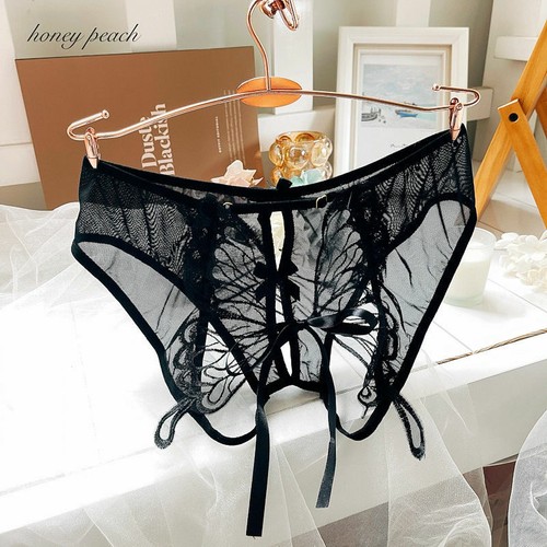 Sexy Lace Underwear Hollowed Out Large Bow Open Band Middle Waist Briefs - Picture 4 of 15