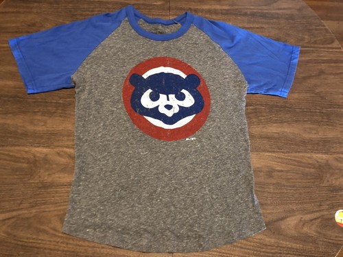 Chicago Cubs MLB Baseball Small Ringer Style Gray & Blue T Shirt - Picture 3 of 8