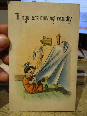 D3 CALIFORNIA Old Postcard Victorian Era Oakland Baby Pulling Dishes Off Table