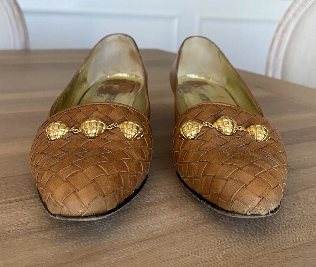 Bottega Veneta Mocassini in pelle taglia 6 5 accenti oro tessuto cammello vintage