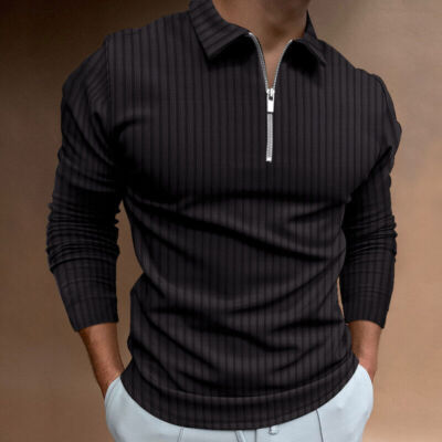 Polo Shirt Men Zipper Collar Long Sleeve Stripe Black Golf Zip Sport Classic Fit