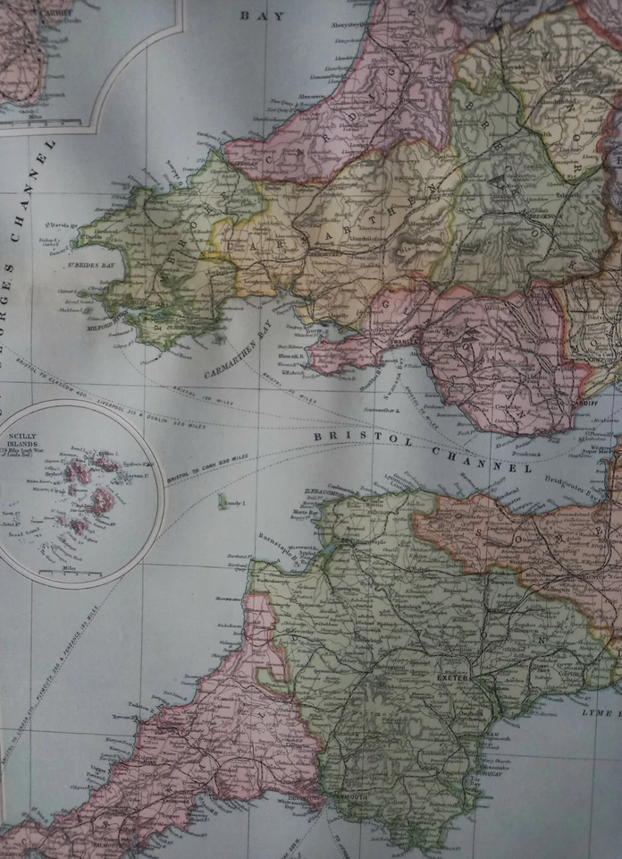 1904 South West England & Wales map. 118 years old.  Antique. Large size. — 第 4/4 张图片