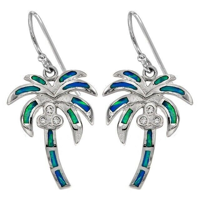 Australian Opal Inlay Topaz 925 Sterling Silver Palm Tree Earrings Jewelry EO2