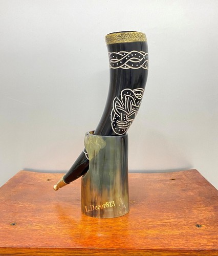 Drinking Horn Set, Mead, Ale, Authentic Carved Viking Drinking Horn with Stand - Picture 10 of 16