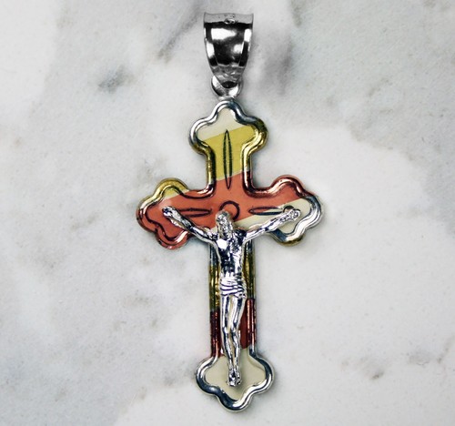925 Sterling Silber Trio Farbe Jesus Kruzifix Kreuz Charm Anhänger 01 - Bild 1 von 4