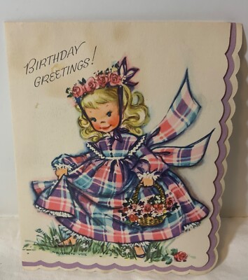 VTG Elizabeth Voss Birthday Card Pretty Girl Purple Pink Blue Checkered Dress