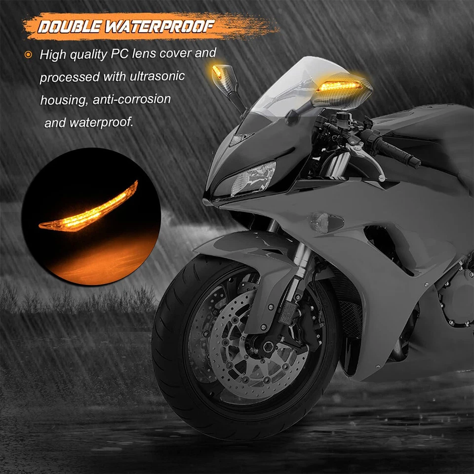 黑色摩托车镜子带 LED 转向信号适用于雅马哈 YZF R6 YZF 川崎忍者 — 第 3/4 张图片