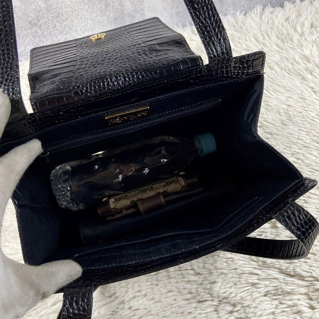 Yves Saint Laurent Top Handle Tote Bag YSL Logo Leather Black Croco