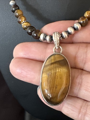 Coffee Tigers Eye Pendant Navajo Sterling Silver Beads Necklace 26" 14886 - Picture 6 of 13