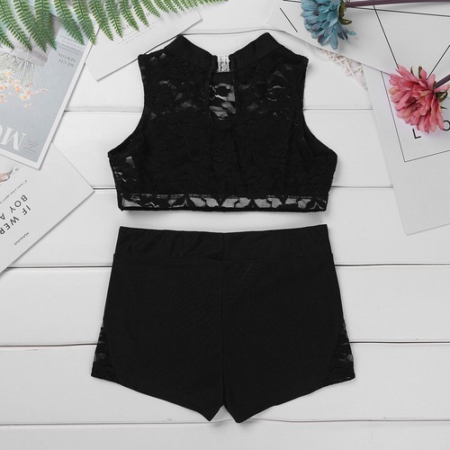Girls 2-Piece Active Set Dance Sport Outfits Floral Lace Crop Top and Shorts Set - Picture 17 of 55