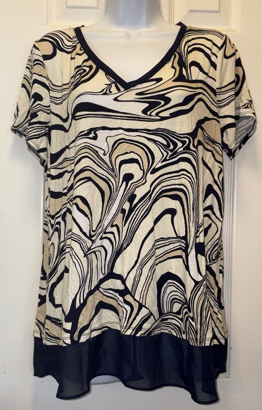 JM Collection Women's Blue Yellow Swirl Short Sleeve Tunic Ruffle Hem Shirt M