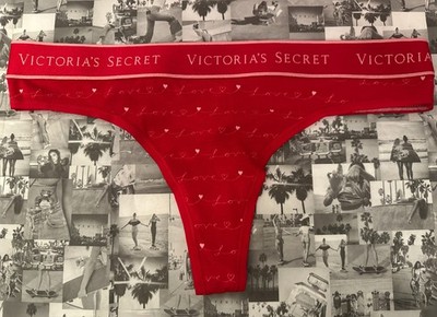 NWT Victoria's Secret Logo Cotton Thong Panty Red Lacquer Love Script Small   
