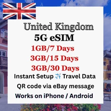 United Kingdom Travel eSIM|1GB-7GB|3GB-15GB| 3GB-30Days| 5G|Quick delivery