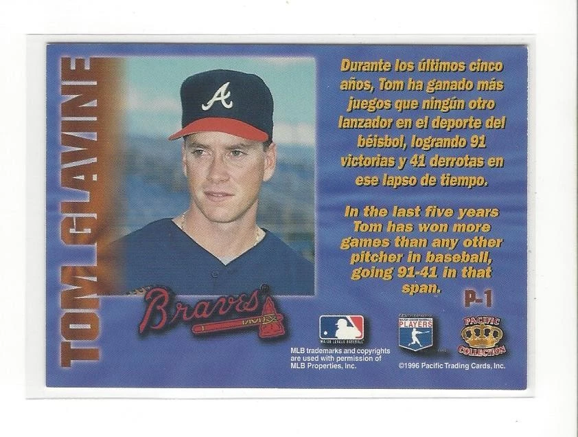 1996 Pacific Prisms Gold #P1 Tom Glavine Braves  - Image 2 of 2