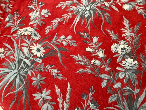 Antique French Curtain Panel Floral Cotton Fabric Ruffle 19th C. Lovely Red - Picture 10 of 20