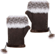 Women Faux Fur Fingerless Gloves Winter Warm Fuzzy Half Finger Mittens for Women