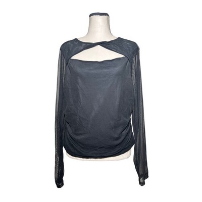 No Comment Black Sheer Mesh Shirt XL Long Sleeve Ruched Cut Out Going Out Top
