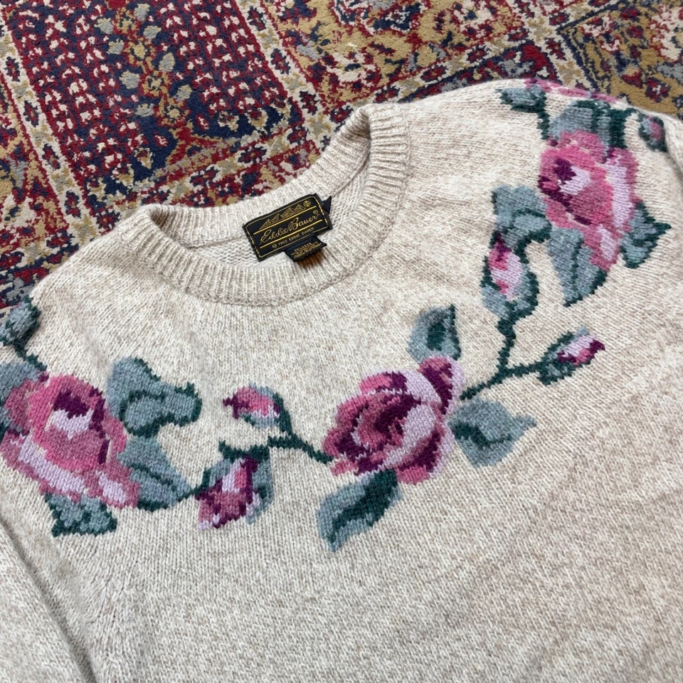 Suéter De Colección 1988 Eddie Bauer Para Mujer Marrón Floral Rosa Lana Cuello Redondo M EE. UU. Raro Foto 2 de 4