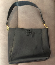 Tory Burch Black Medium Shoulder Bag Pebbled Finish Gold Hardware Logo Strap