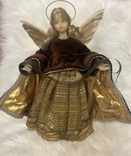 Pauline Leidel Spreen German Wax 13&rdquo; Angel Tree Topper Brown & Gold Velvet Gown