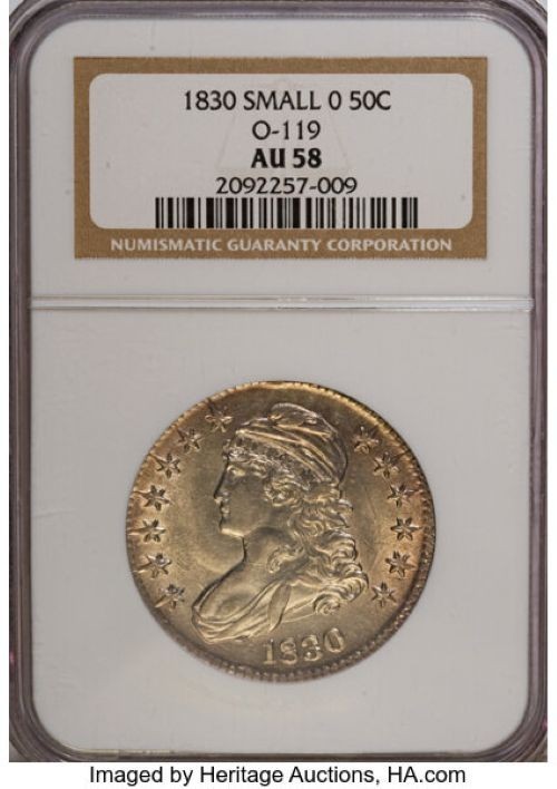 1830 50C Medium 0 AU58 NGC. O-119, R.1. The sole Medium 0 variety for the date!