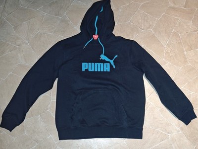PUMA Herren Kapuzenpullover Hoodie schwarz/blau Logo Kapuze Kängurutasche L