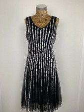 CHASE7 FORMAL DRESS Satin Stripe Tulle Fit & Flare Midi UK 10 Black Silver Grey