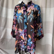Drapers & Damons Blouse Top Sz Sheer Colorful Floral Button Up 3/4 Slv PRISTINE